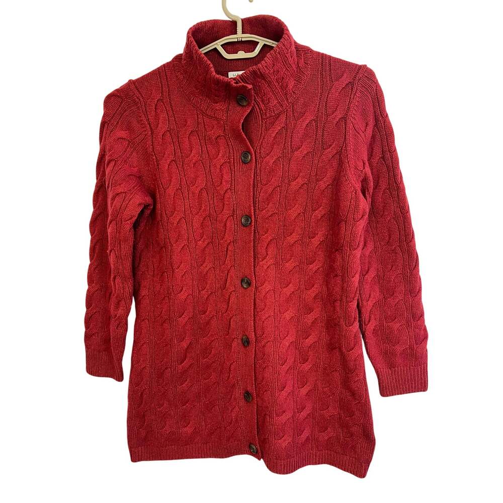 L.L. Bean Red Wool Blend Cable Knit Shawl Collar Cardigan Sweater XL Cabin Cozy